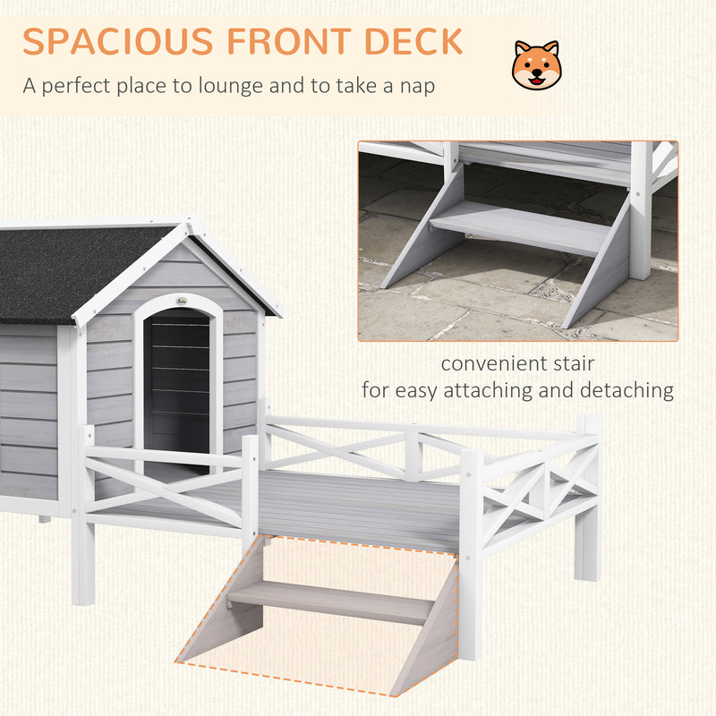 Outdoor Wooden Dog House with Covered Porch for Small to Medium Pets, Grey