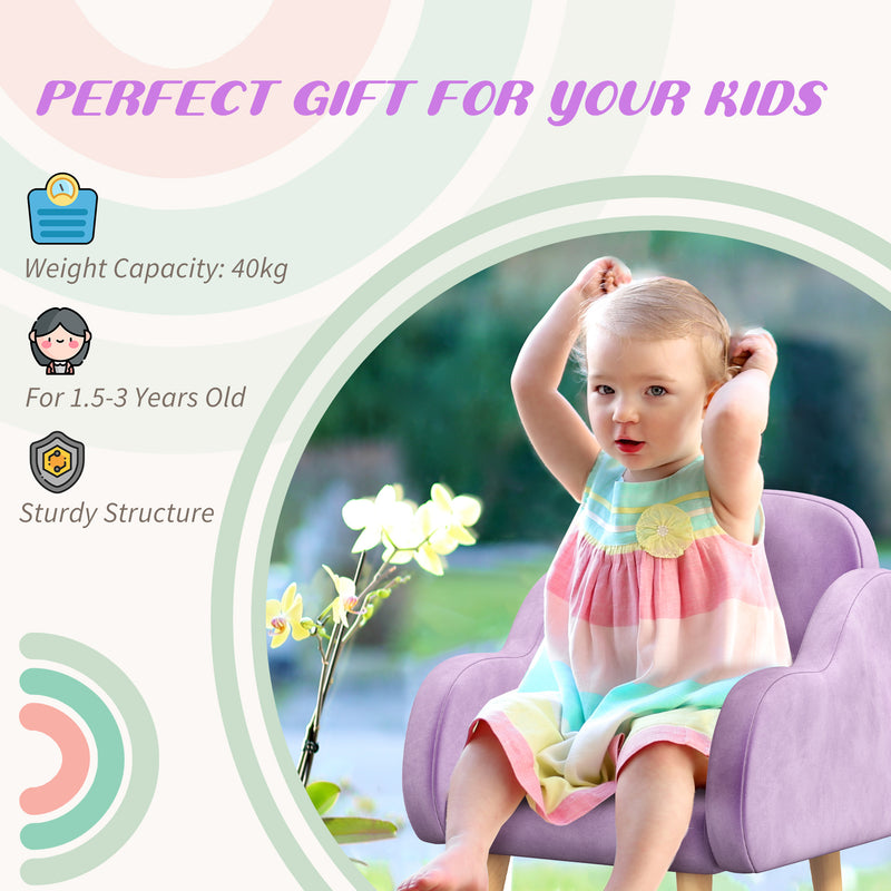 Kids Velvet Armchair with Wooden Frame and Cloud Design for Toddlers Ages 1 to 3, Purple