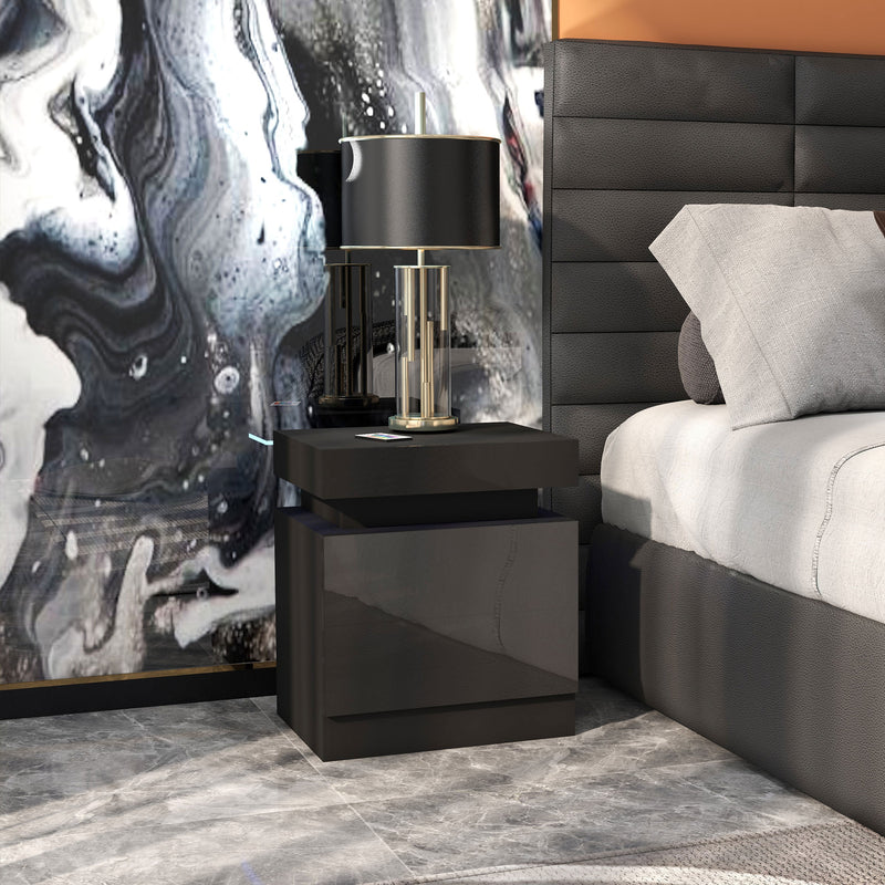 Black LED Bedside Table with High Gloss Front and 2 Drawers for Bedroom or Living Room by HOMCOM