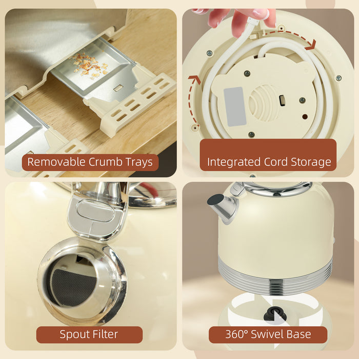 Cream Cordless Kettle and Toaster Set Polished Metal Stylish Kitchen Appliances by HOMCOM