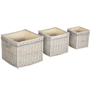Set of 3 Round Log Baskets with Lining and Rope Handles for Fireside Storage