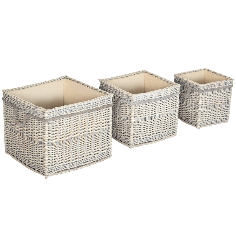 Set of 3 Round Log Baskets with Lining and Rope Handles for Fireside Storage