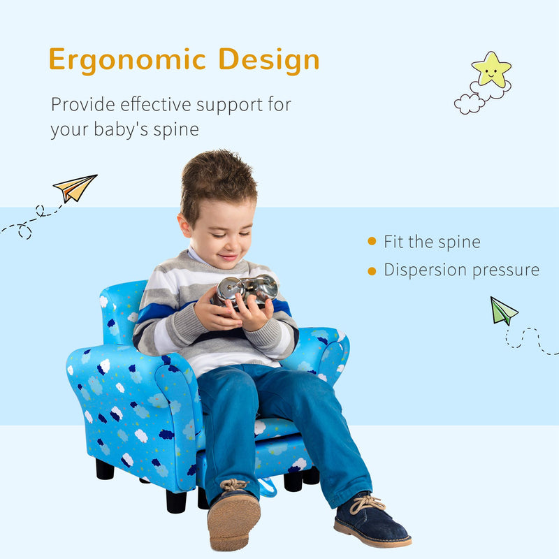 Kids Wooden Armchair with Footrest and High Back for Bedroom or Playroom, Blue