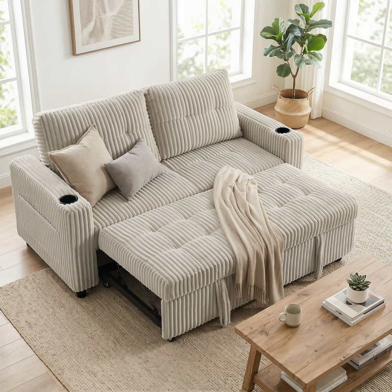 2 Seater Pull Out Sofa Bed with Cup Holders and Storage Pockets for Guests Cream White
