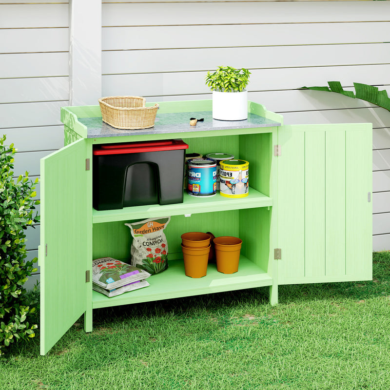 Wooden Garden Storage Cabinet With Galvanised Worktop and Shelves for Outdoor Tools Green Outsunny