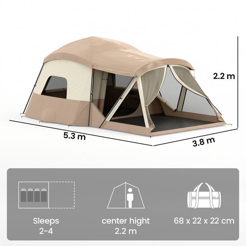 Family Camping Tent with Quick 2 Room Setup and Skylights for Easy Outdoor Living Brown Khaki