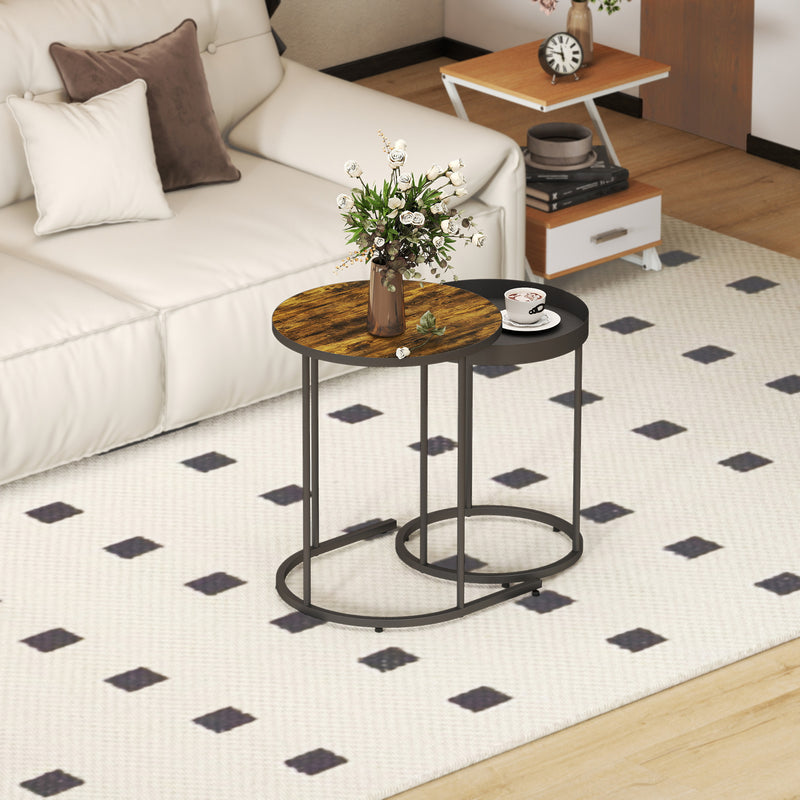 Set of 2 Round Nesting Side Tables with Space Saving Design for Living Room Rustic Brown