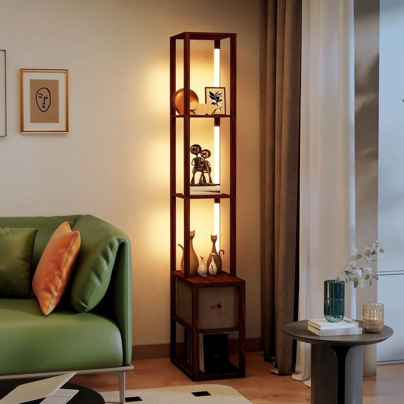 Floor Lamp with Shelves and Adjustable LED for Space Saving Storage