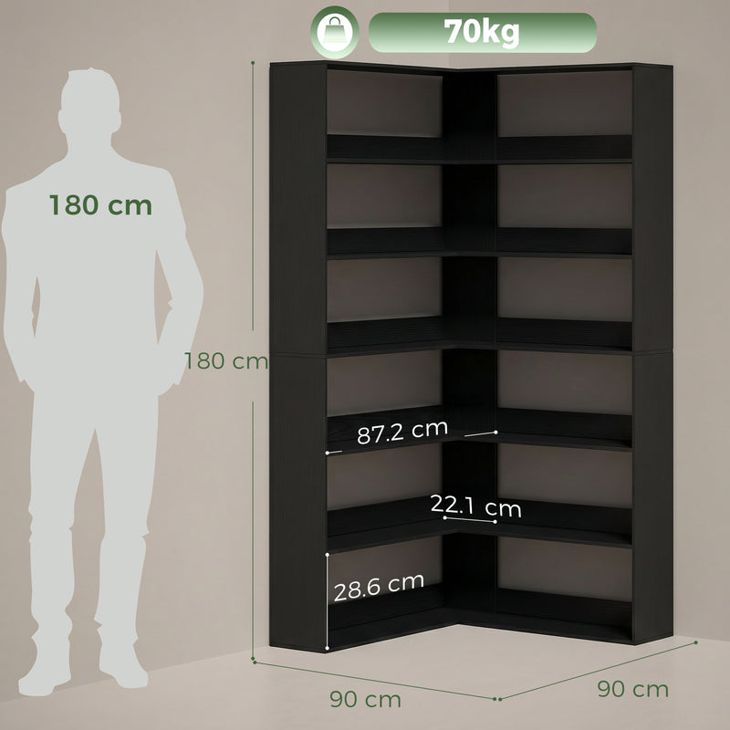 Tall Corner Bookcase with 7 Shelves for Space Saving Storage Black Wood Effect