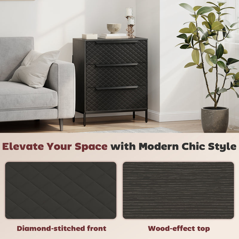 3 Drawer Fabric Chest of Drawers with Aluminium Handles for Bedroom Storage Black