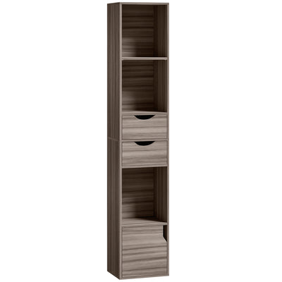 Slim Corner Bookcase with Shelves Drawers and Cabinet for Small Spaces Grey AOSOM