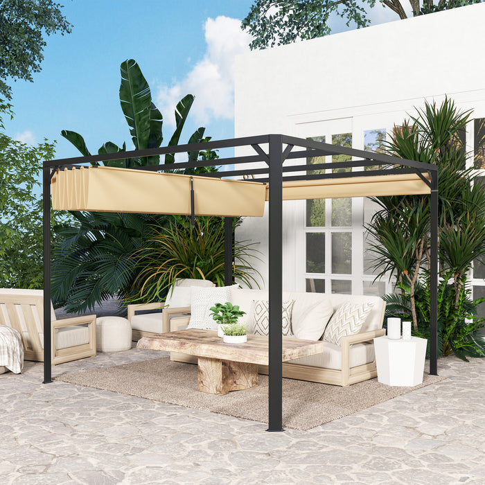 3 x 3m Aluminium Pergola with Retractable Roof and Wall Khaki by Outsunny