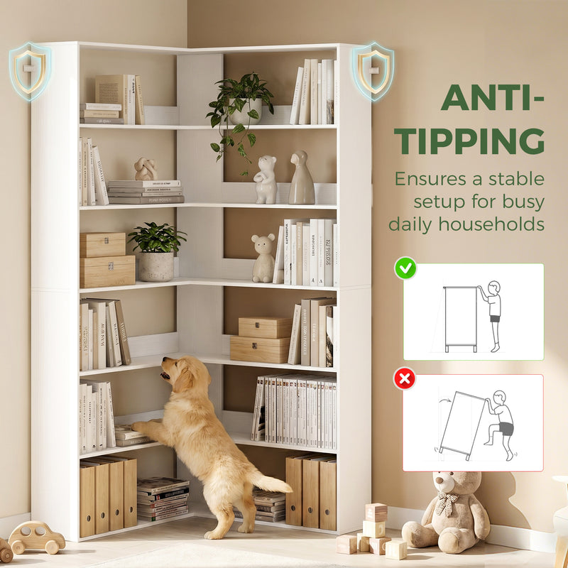 Corner Bookcase with 7 Open Shelves for Small Room Storage White Wood Effect