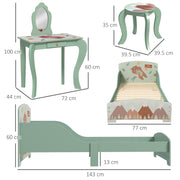 Toddler Bed and Dressing Table Set with Mirror and Stool for Kids Aged 3 to 6 Green AOSOM