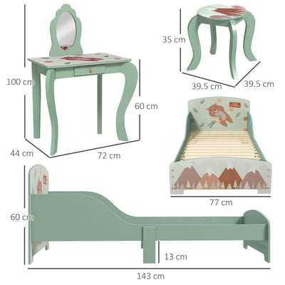 Toddler Bed and Dressing Table Set with Mirror and Stool for Kids Aged 3 to 6 Green AOSOM