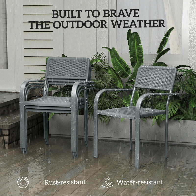 Garden Dining Chair Set of 4 Stackable Rattan Effect with Armrests Light Grey Outsunny