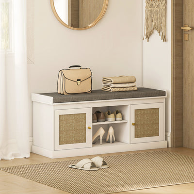 Boho Shoe Storage Bench With Padded Seat and Rattan Cabinet Doors Ideal for Hallway White 105x35x47cm Homcom