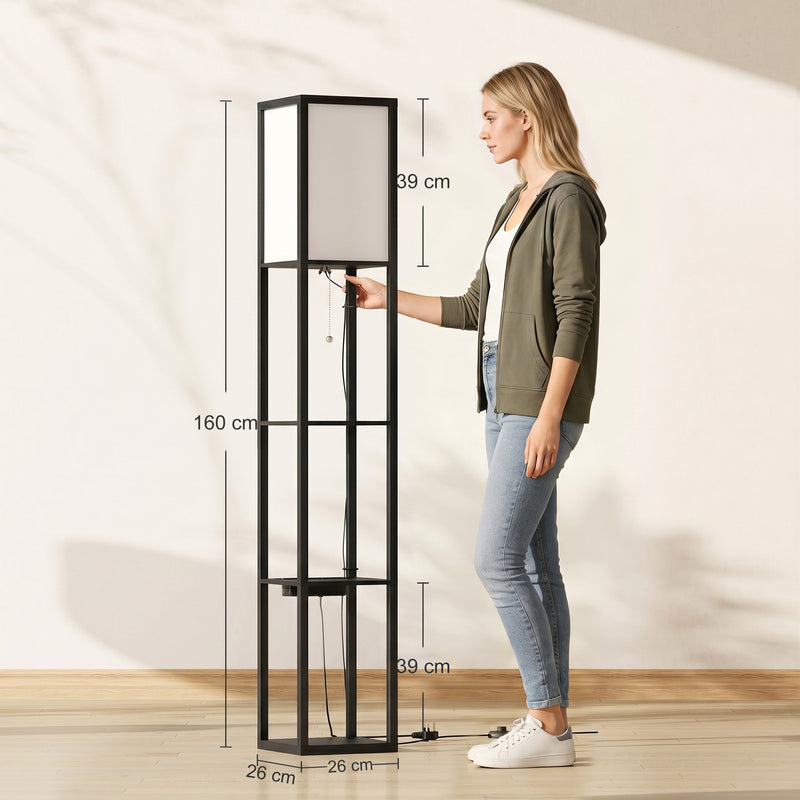 Floor Lamp with Shelves for Extra Storage and Soft Lighting in Small Spaces Black Homcom