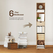 Tall Narrow 6 Tier Bookcase With Drawer And Door For Home Storage Natural Wood Finish AOSOM