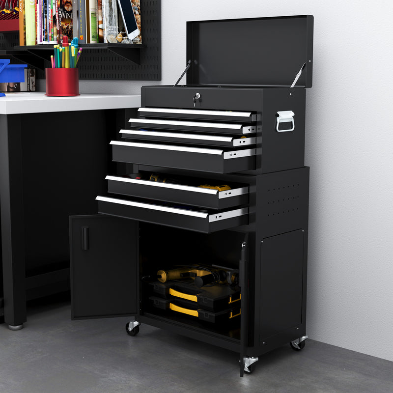 Portable Metal Tool Chest with 6 Drawers and Wheels for Garage and Workshop Use Black