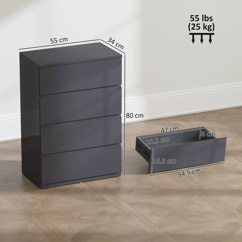 Modern 4 Drawer Chest of Drawers With High Gloss Finish For Bedroom Storage Grey AOSOM