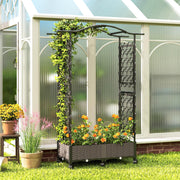 Raised Garden Planter with Trellis Arch and Wheels for Climbing Plants and Easy Movement, Black Outsunny