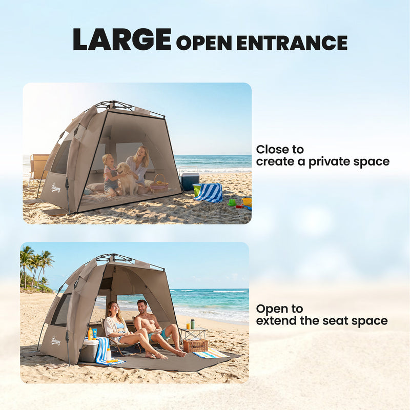 Pop Up Beach Tent for Quick Sun Shelter with Mesh Windows and Carry Bag Brown Outsunny