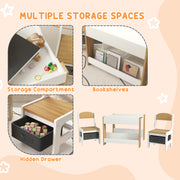 Three Piece Kids Table and Chair Set with Blackboard Storage and Shelves in Natural Wood AOSOM