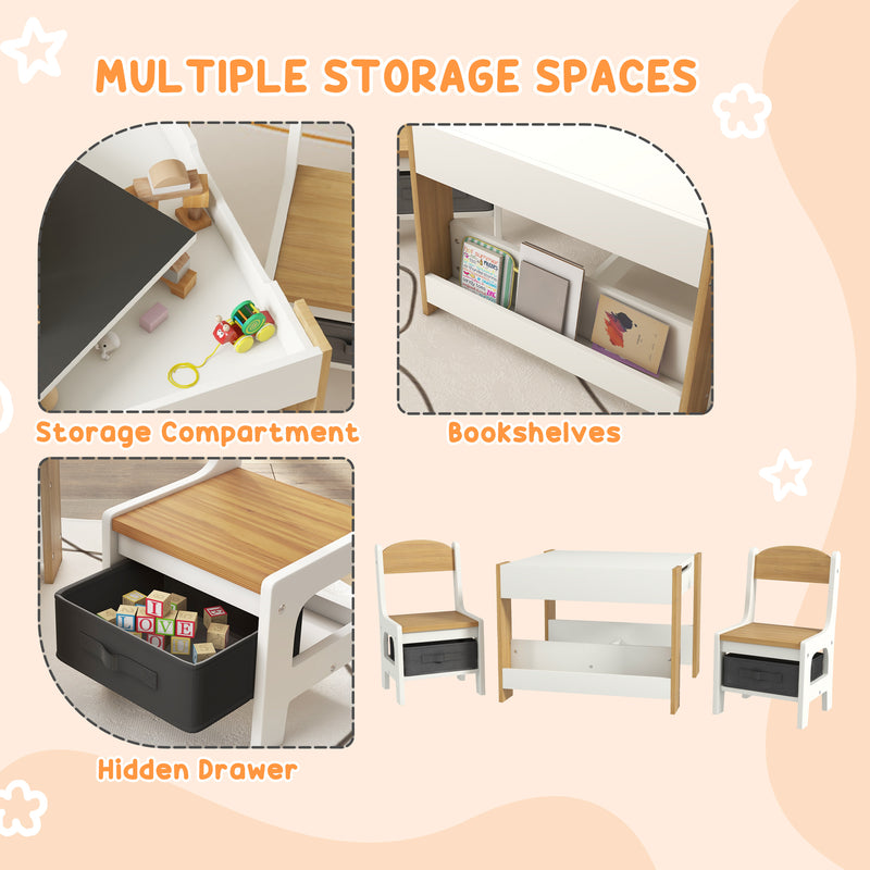Three Piece Kids Table and Chair Set with Blackboard Storage and Shelves in Natural Wood AOSOM