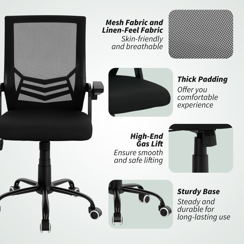 Ergonomic Mesh Office Chair With Flip Up Arms And Lumbar Support For Home Desk, Black