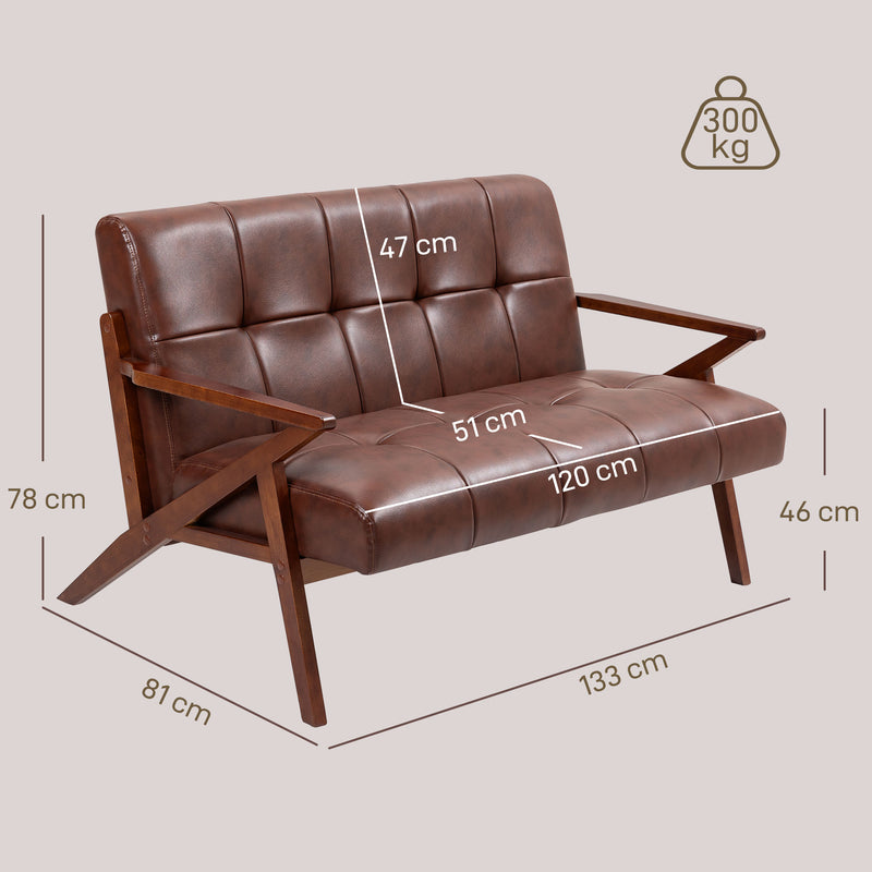 Compact 2 Seater PU Leather Sofa With Tufted Back And Wooden Legs For Home Office Brown