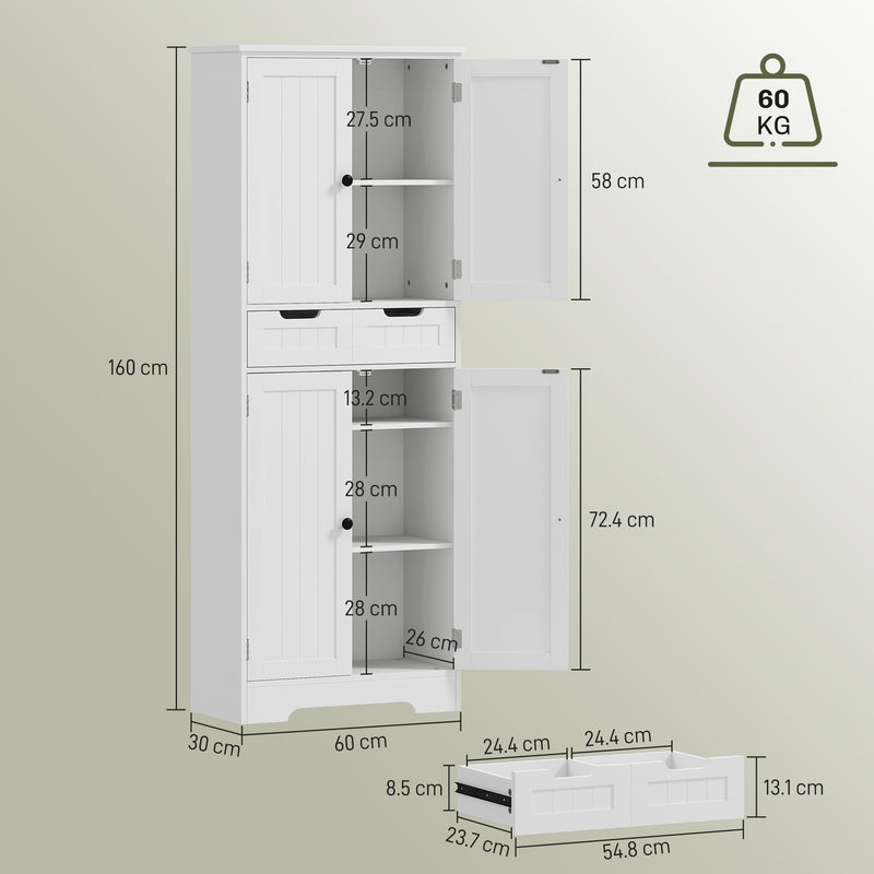 Tall White Bathroom Storage Cabinet with Shelves and Drawer for Towels and Toiletries