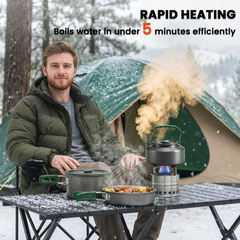 Camping Cookware Set for 2–3 People with Fast Heating and Compact Nesting Design Grey Army Green