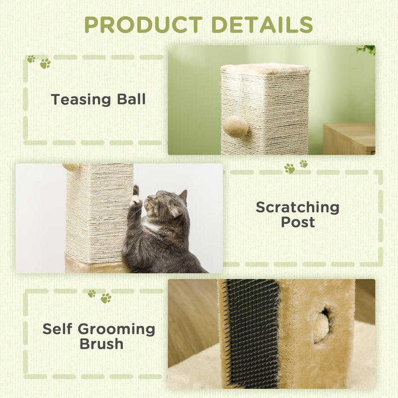 Tall Jute Cat Scratching Post With Carpet Base And Hanging Toy For Indoor Play Beige