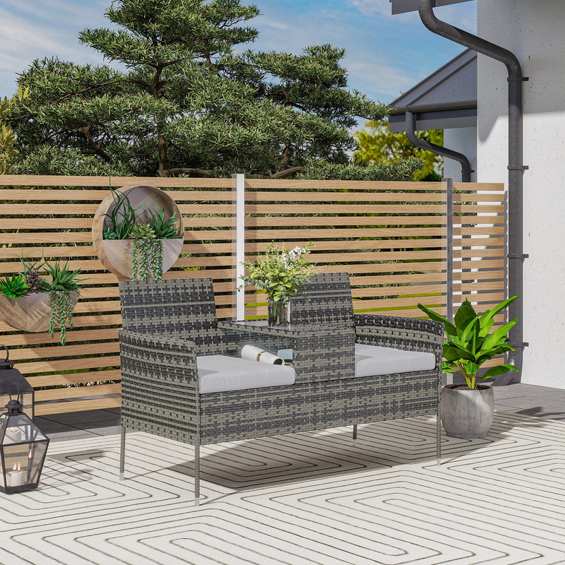 Charcoal Grey Two Seater Rattan Garden Chair with Middle Table for Garden or Patio by Outsunny
