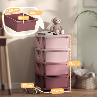 Pink Four Tier Kids Storage Unit With Removable Plastic Drawers For Bedroom Organisation