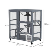 Indoor Wooden Cat Enclosure With Platforms And Hammock On Wheels For Easy Moving, Light Grey