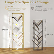 Modern Bookcase For Living Room Organisation - 10 Tiers - Gold Metal Frame With Angled White Shelves Homcom
