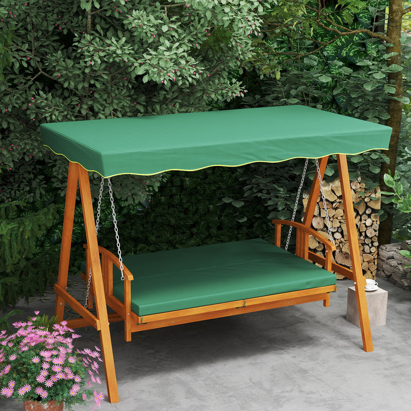 Wooden 3 Seater Garden Swing Chair Convertible Hammock Bench Lounger Dark Green Cushions by Outsunny