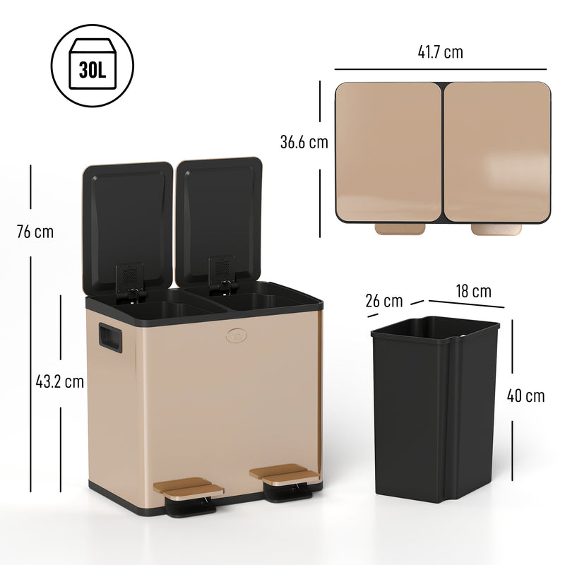 Gold 30L Double Kitchen Recycling Bin with Deodorisers for Waste Separation, Stainless Steel