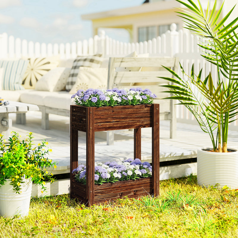 Raised Wooden Planter with 2 Compartments for Easy Gardening at Comfortable Height Carbonised Outsunny