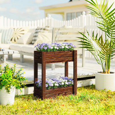 Raised Wooden Planter with 2 Compartments for Easy Gardening at Comfortable Height Carbonised Outsunny