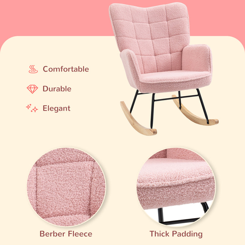Pink Soft Fleece Wingback Rocking Chair Comfortable Elegant Design by HOMCOM