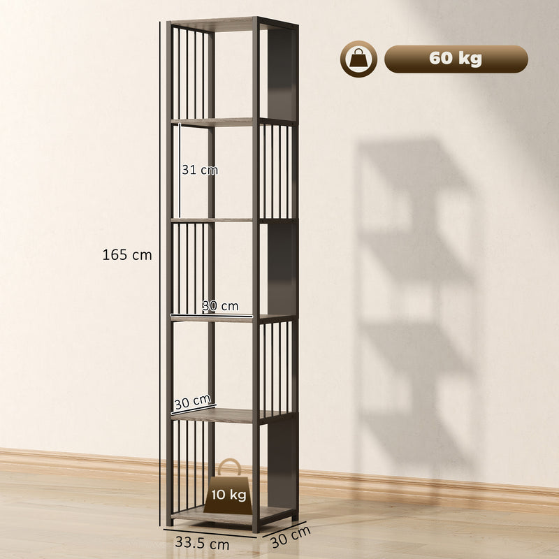5 Tier Industrial Style Bookshelf with Sturdy Steel Frame for Home or Office, Grey