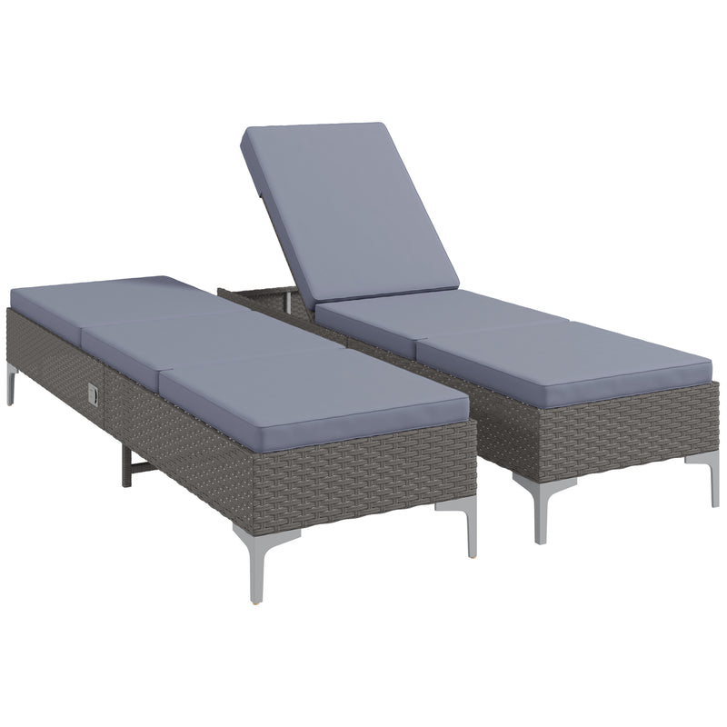 Set of 2 Rattan Sun Loungers with Adjustable Backrest and Cushions for Garden Dark Grey AOSOM