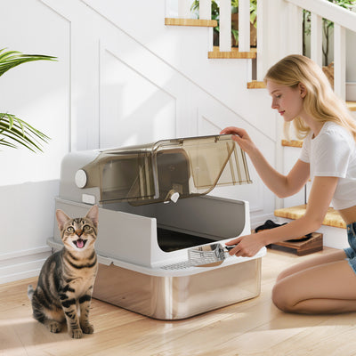 XXL Stainless Steel Covered Cat Litter Box With Flip Cover And Scoop Easy To Clean, Controls Odours, Grey PawHut