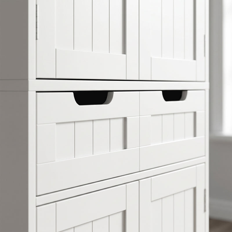 Tall White Bathroom Storage Cabinet with Shelves and Drawer for Towels and Toiletries