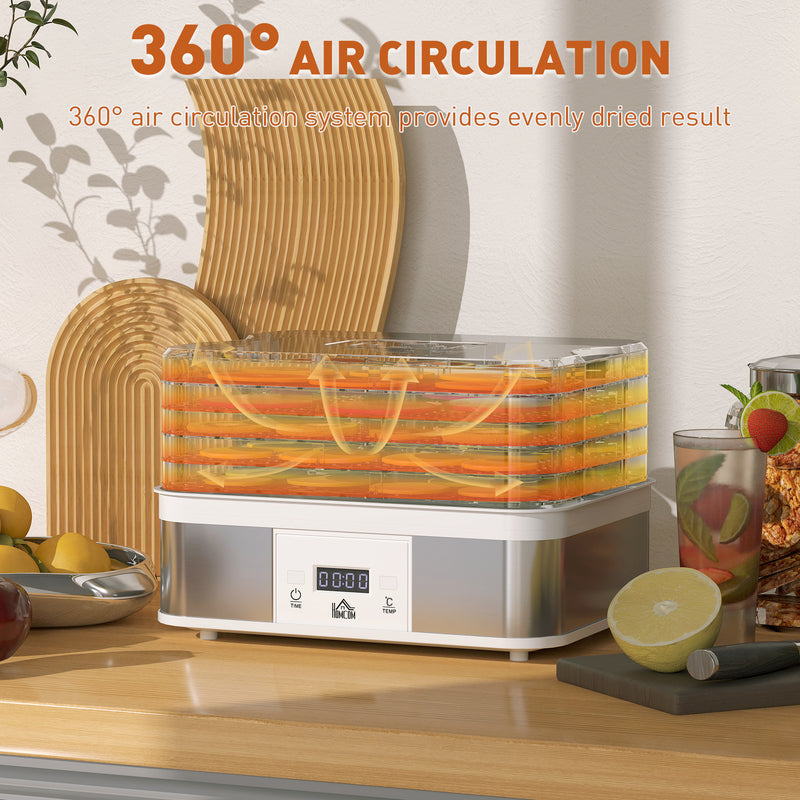 5 Tier Stainless Steel Food Dehydrator with Timer LCD Display for Snacks and Jerky White