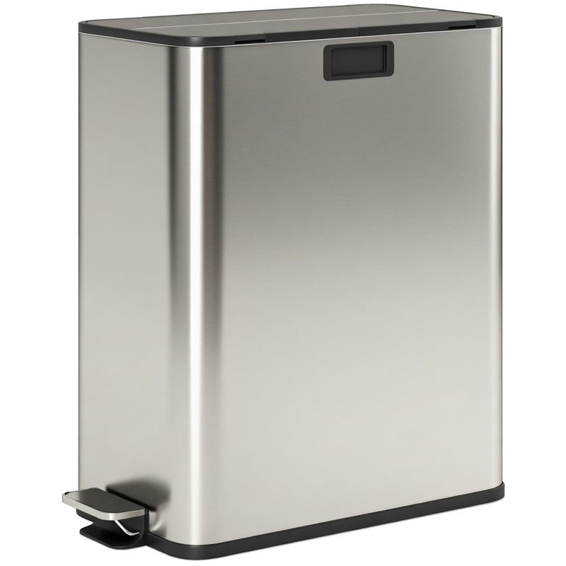56L Dual Kitchen Recycling Pedal Bin with Soft Close Lid and Removable Buckets Silver