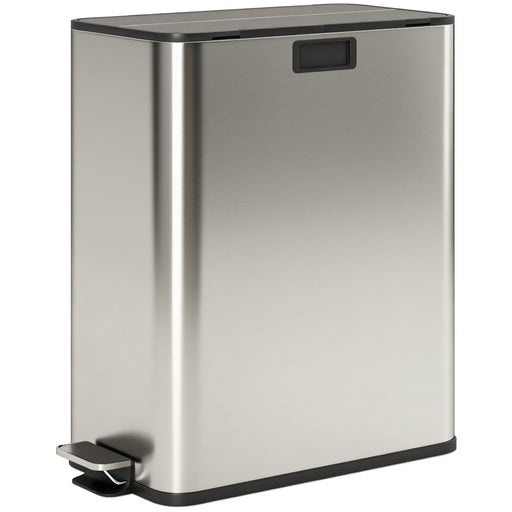 56L Dual Kitchen Recycling Pedal Bin with Soft Close Lid and Removable Buckets Silver